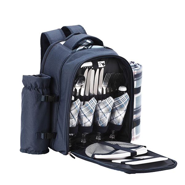 4 Person Blue Tartan Picnic Backpack With Blan